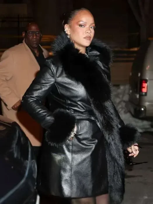 NYC Rihanna Fur Trim Black Leather Coat