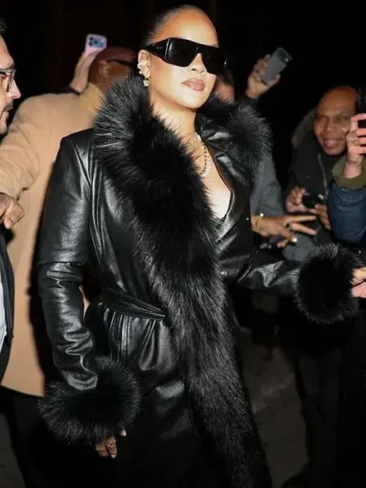 NYC Rihanna Fur Trim Leather Coat