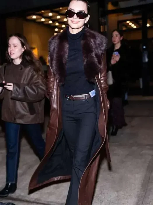 NYFW 2026 Emily Ratajkowski Brown Leather Coat