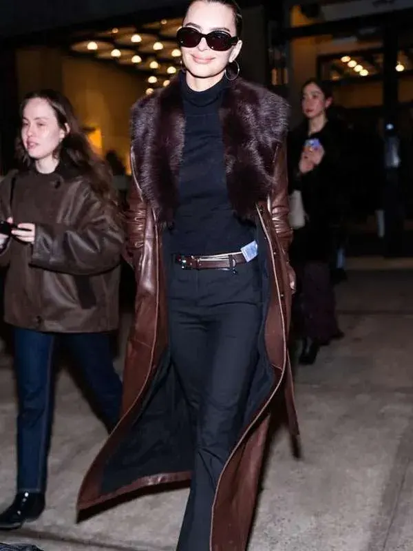 NYFW 2026 Emily Ratajkowski Brown Leather Coat