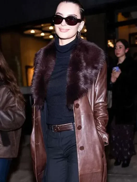 NYFW 2026 Emily Ratajkowski Leather Brown Coat