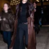 NYFW Emily Ratajkowski Leather Brown Coat