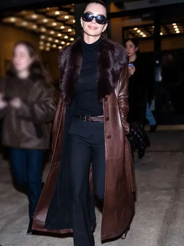 NYFW Emily Ratajkowski Leather Brown Coat