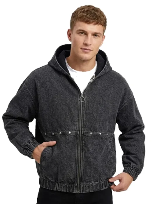 Studded Hooded Denim Jacket in Washed Black