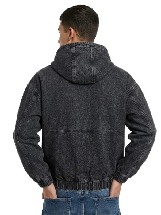 Studded Hooded Denim Jacket in Washed Black Back