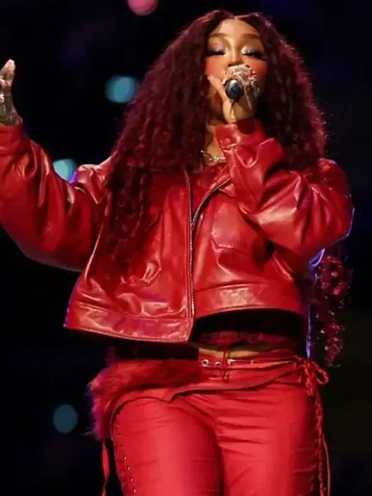 Super Bowl LIX SZA Red Leather Cropped Jacket