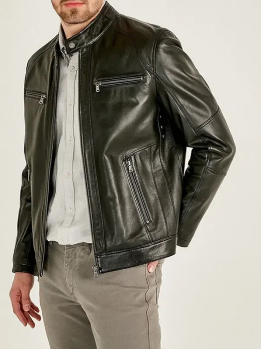 Alveraz Men's Black Sheepskin Biker Leather Jacket front