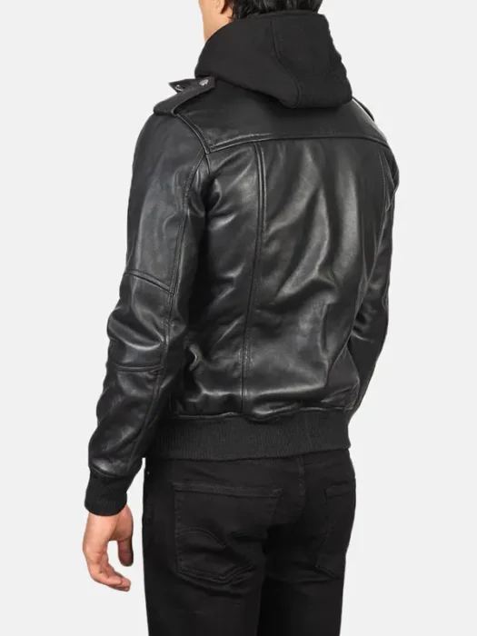Bravado Black Hooded Leather Bomber Jacket back