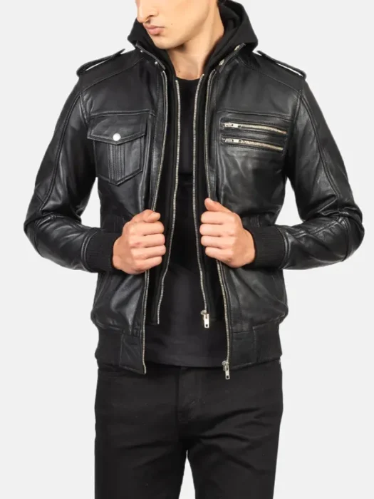 Bravado Black Hooded Leather Bomber Jacket closwe