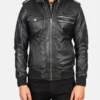 Bravado Black Hooded Leather Bomber Jacket front