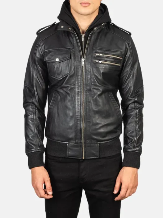 Bravado Black Hooded Leather Bomber Jacket front