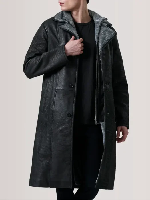 Cai Distressed Black Leather Shearling Coat close