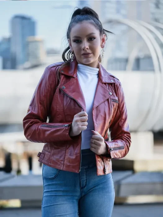 Dark Wine Red Leather Jacket For Women 4