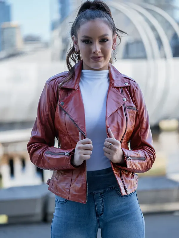 Dark Wine Red Leather Jacket For Women 6