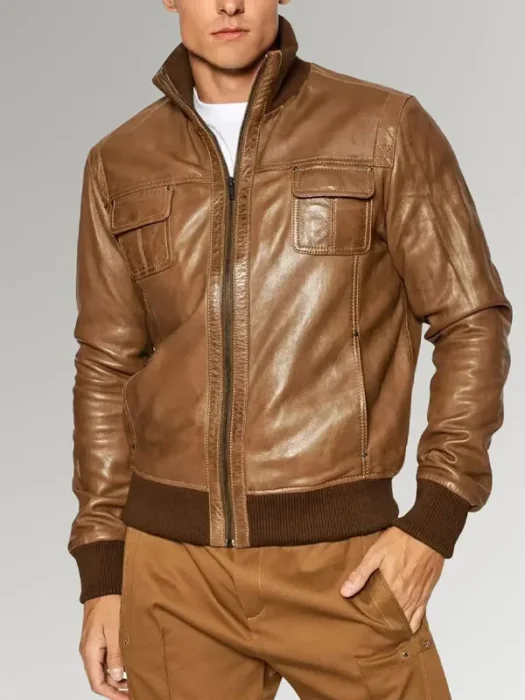 Desert Voyager Men's Brown Sheepskin Leather Bomber Jacket front