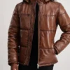 Gordon Waxed Brown Hooded Leather Puffer Jacket close
