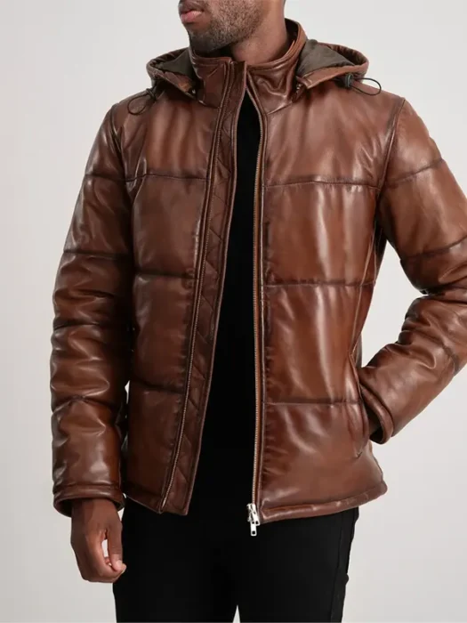 Gordon Waxed Brown Hooded Leather Puffer Jacket close