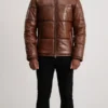 Gordon Waxed Brown Hooded Leather Puffer Jacket full