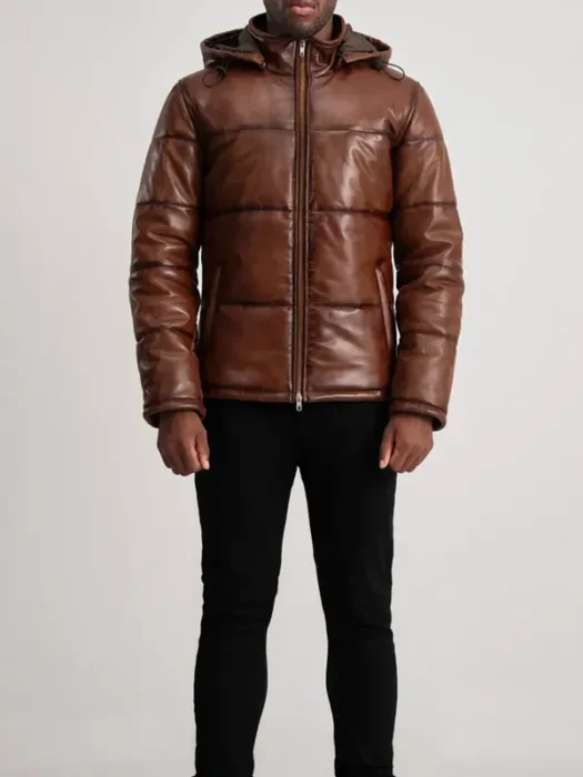 Gordon Waxed Brown Hooded Leather Puffer Jacket full