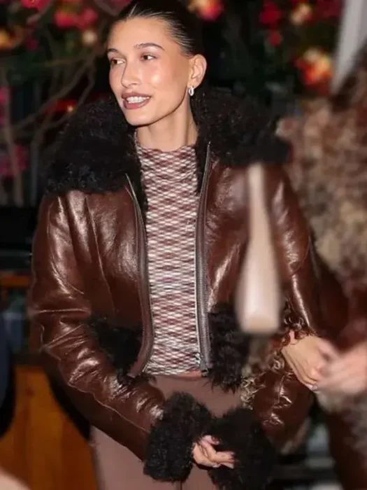 Hailey Bieber Fur Brown Leather Jacket