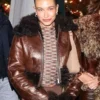 Hailey Bieber Fur Leather Brown Jacket