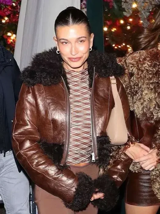 Hailey Bieber Fur Leather Brown Jacket