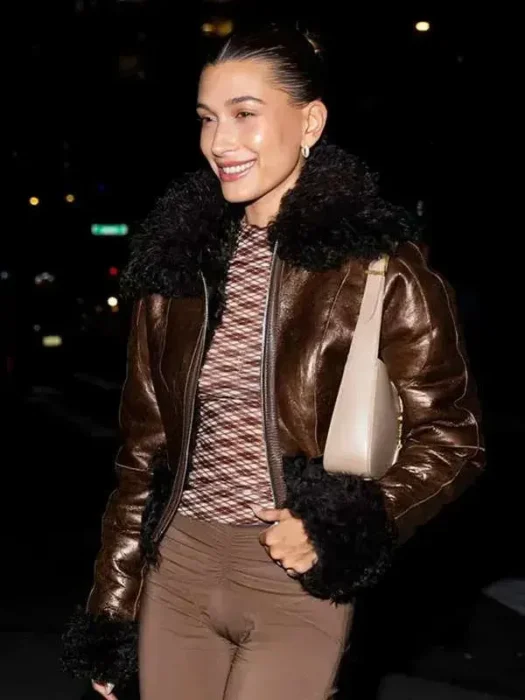Hailey Bieber Fur Leather Jacket