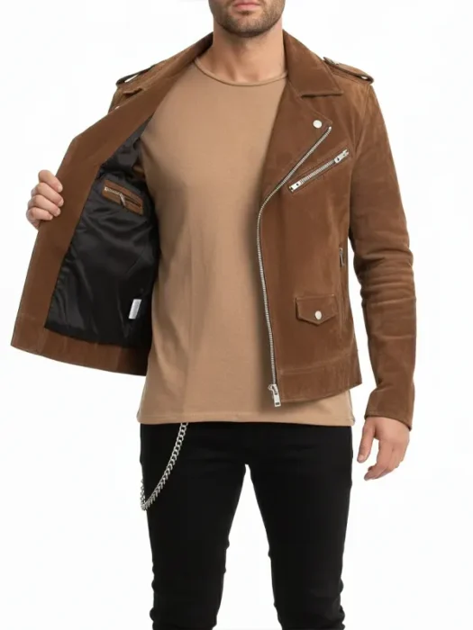 Handmade Mens Tan Brown Suede Biker Jacket front