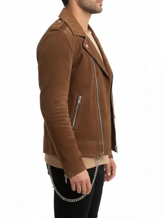 Handmade Mens Tan Brown Suede Biker Jacket side