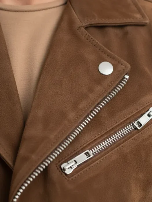 Handmade Mens Tan Brown Suede Biker Jacket zip