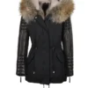 Hooded Racoon Tipped Fur Parka Black front