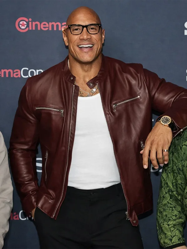 Jumanji Open World Photocall Dwayne Johnson Marron Leather Jacket