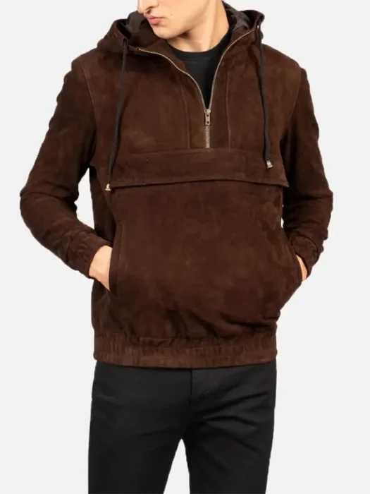 Kenton Hooded Mocha Suede Pullover Jacket pocket