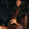 LFW Simone Ashley Brown Leather Coat