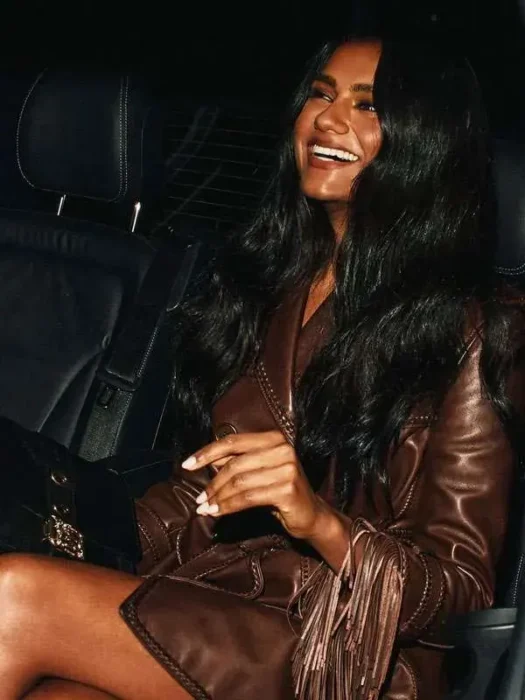 LFW Simone Ashley Brown Leather Coat