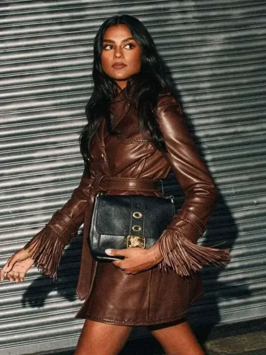LFW Simone Ashley Leather Brown Coat
