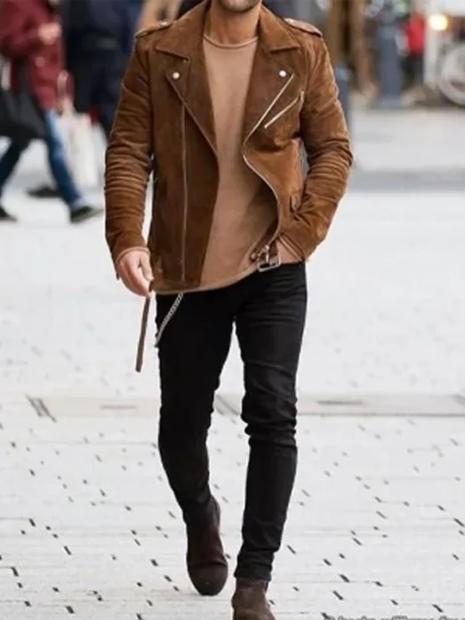 Men Brown Biker Suede Leather Jacket