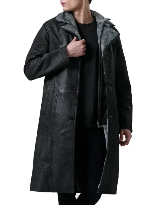 Mens Distressed Black Shearling Leather Coat