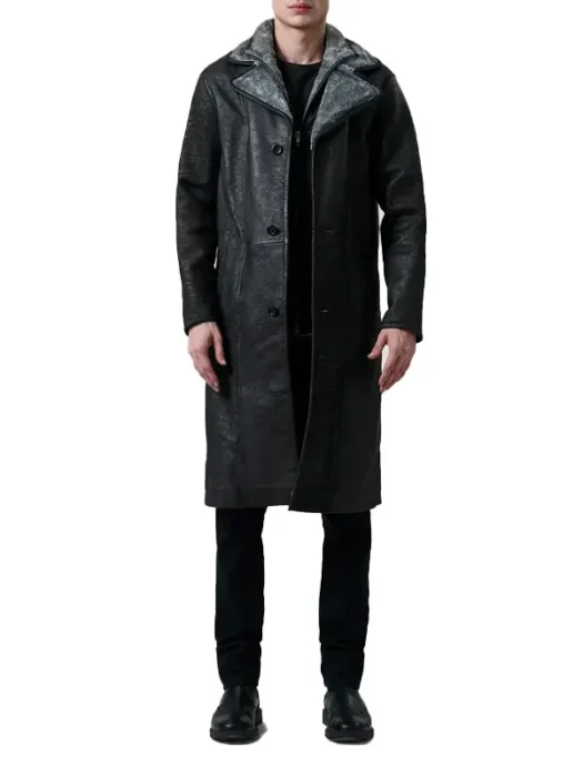 Mens Distressed Shearling Black Leather Coat