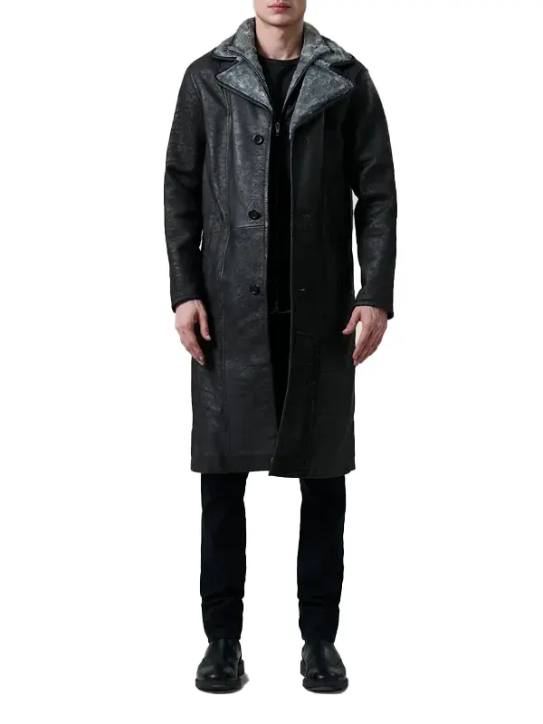 Mens Distressed Shearling Black Leather Coat
