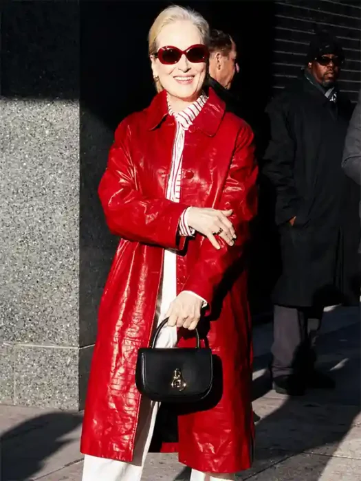 Meryl Streep Red Leather Long Coat