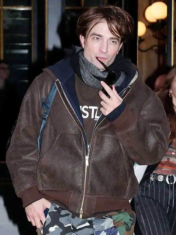 PFW Robert Pattinson Brown Leather Bomber Jacket