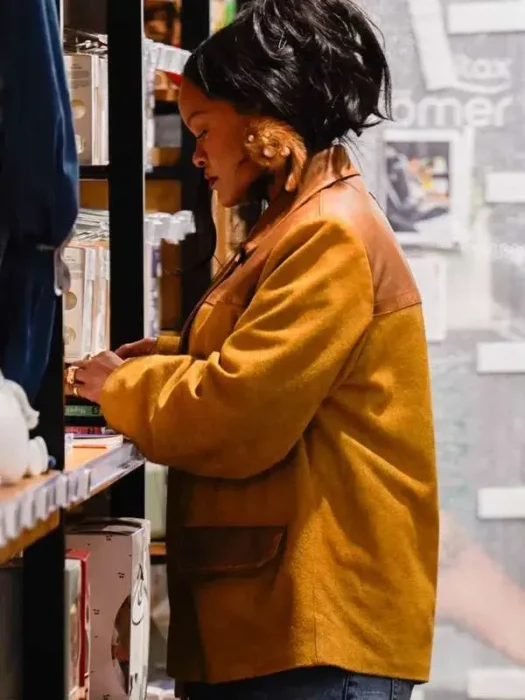 Rihanna Miu Miu Mustard and Brown Suede Jacket