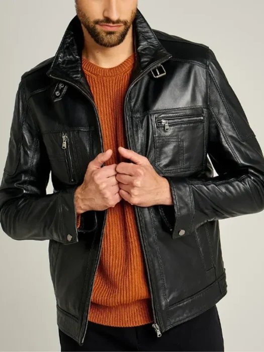 Rockafella Men's Black Sheepskin Biker Jacket