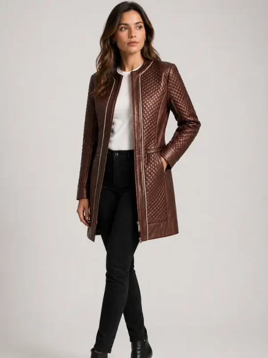 Trudy Lane Quilted Maroon Leather Coat front
