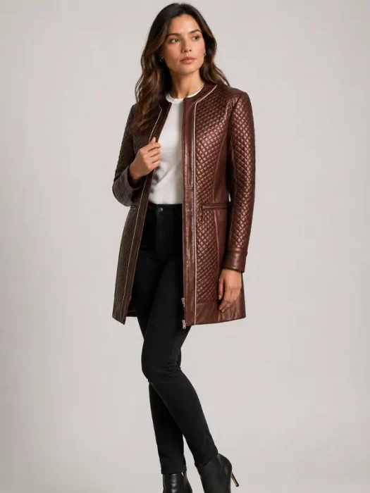Trudy Lane Quilted Maroon Leather Coat hand