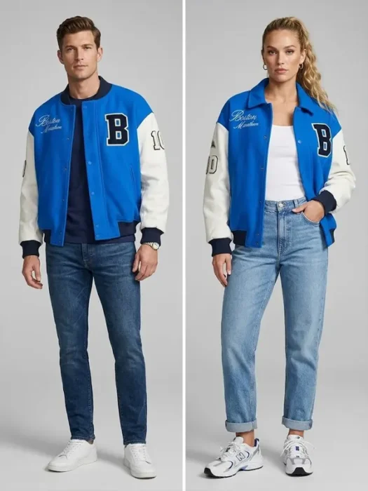 Unisex Adidas Boston Marathon 26 Blue & White Wool Varsity Jacket