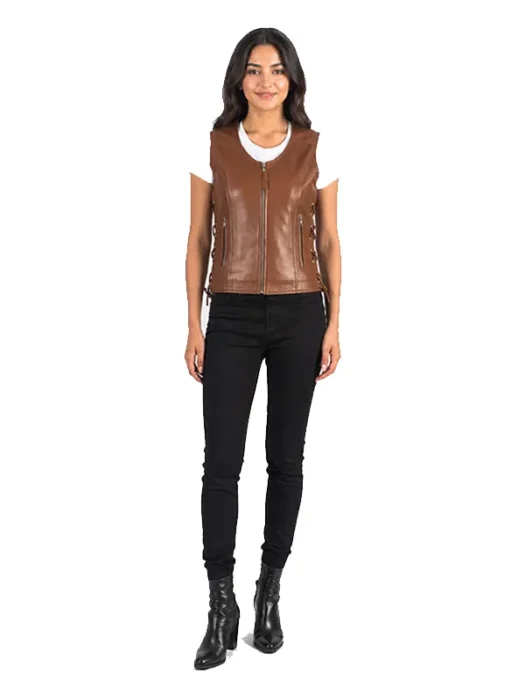 Vanda Brown Leather Biker Vest BACK