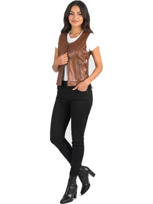 Vanda Brown Leather Biker Vest front