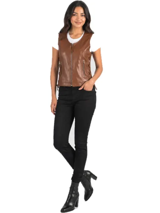 Vanda Brown Leather Biker Vest hand